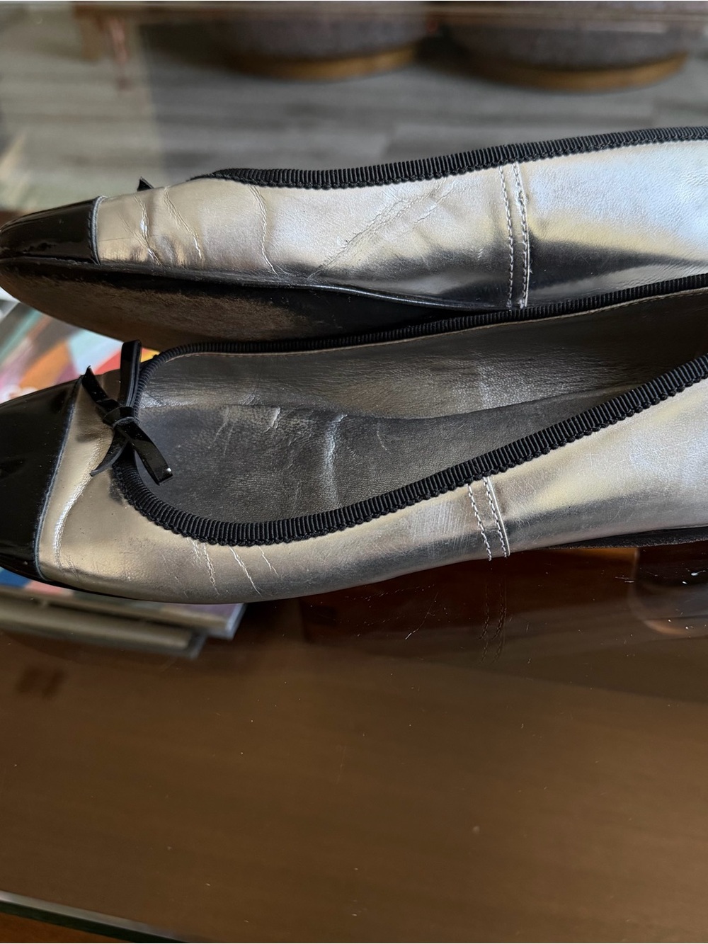 PRADA • metallic silver bow cap toe ballet flats - Picture 7 of 11